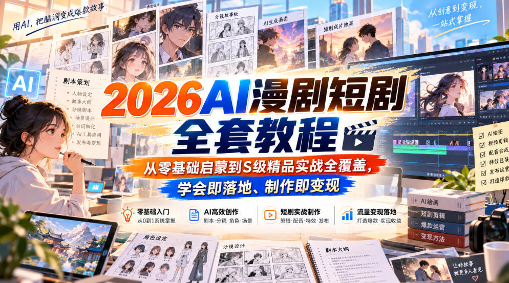 【无水印】2026AI漫剧短剧全套教程,从零基础启蒙到S级精品实战全覆盖,学会即落地、制作即变现——生财有道创业项目网-生财有道