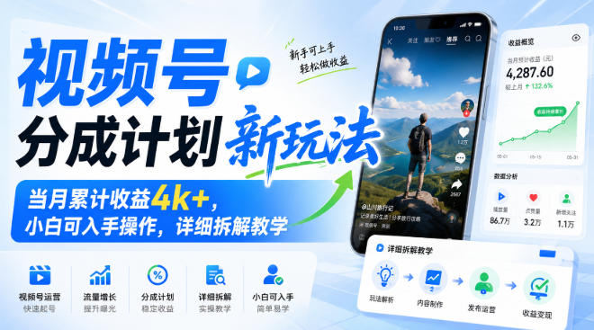 视频号分成计划新玩法,当月累计收益4k+,小白可入手操作,详细拆解教学——生财有道创业项目网-生财有道
