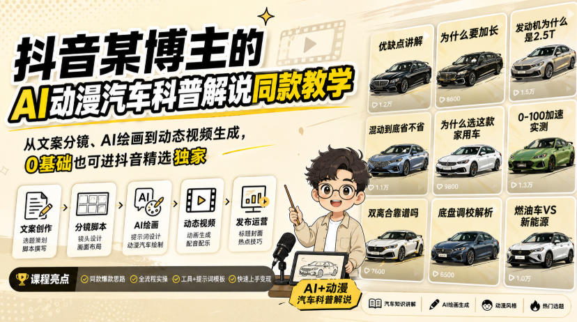 图片[1]-抖音某博主的AI动漫汽车科普解说同款教学，从文案分镜、AI绘画到动态视频生成，0基础解锁抖音精选独家收益——生财有道创业项目网-生财有道