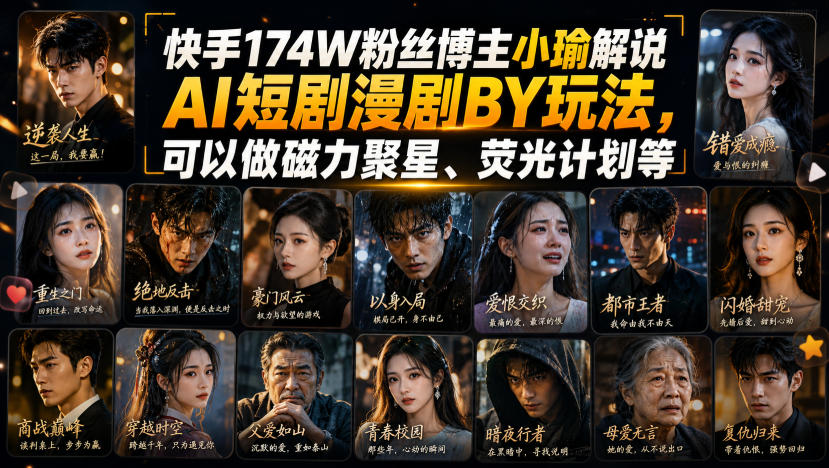 快手174W粉丝博主小瑜解说AI短剧漫剧搬运玩法，可以做磁力聚星、荧光计划等——生财有道创业项目网-生财有道