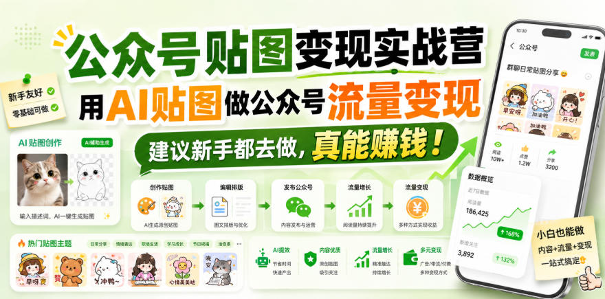 公众号贴图变现实战营，用AI贴图做公众号流量变现，建议新手都去做，真能賺钱！——生财有道创业项目网-生财有道
