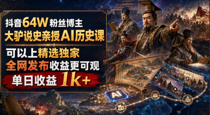 抖音64W粉丝博主大驴说史亲授AI历史课，可以上精选独家，全网发布收益更可观，单日收益1k+（更新）——生财有道创业项目网-生财有道