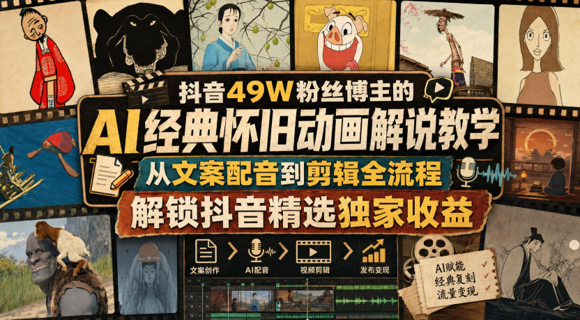 抖音49W粉丝博主的AI经典怀旧动画解说教学,从文案配音到剪辑全流程,解锁抖音精选独家收益——生财有道创业项目网-生财有道
