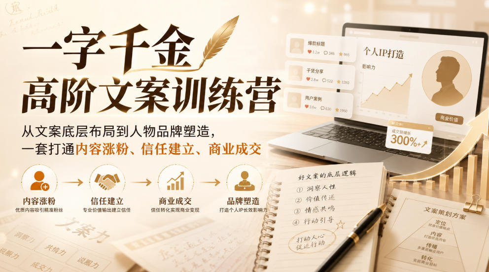 一字千金高阶文案训练营,从文案底层布局到人物品牌塑造,一套打通内容涨粉、信任建立、商业成交——生财有道创业项目网-生财有道