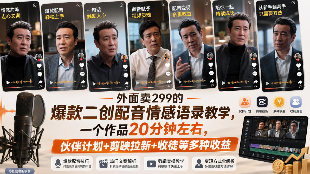 外面卖299的爆款二创配音情感语录教学，一个作品20分钟左右，伙伴计划+剪映拉新+收徒等多种收益（更新）——生财有道创业项目网-生财有道