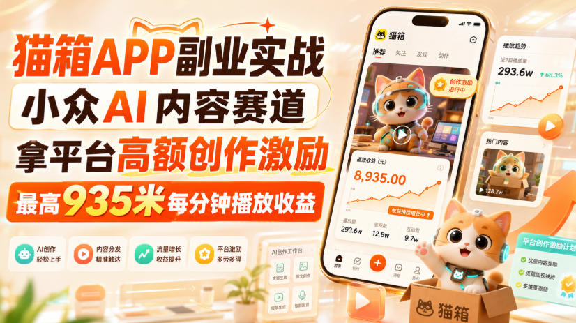 猫箱APP副业实战，小众AI内容赛道，拿平台高额创作激励，最高935米每分钟播放收益——生财有道创业项目网-生财有道