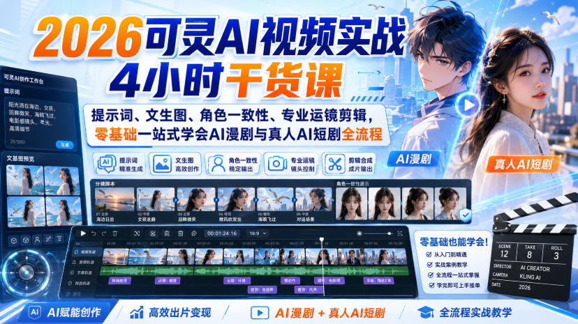2026可灵AI视频实战4小时干货课｜提示词、文生图、角色一致性、专业运镜剪辑，零基础一站式学会AI漫剧与真人AI短剧全流程——生财有道创业项目网-生财有道