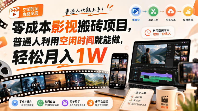 零成本影视搬砖项目,普通人利用空闲时间就能做,轻松月入1W【揭秘】——生财有道创业项目网-生财有道