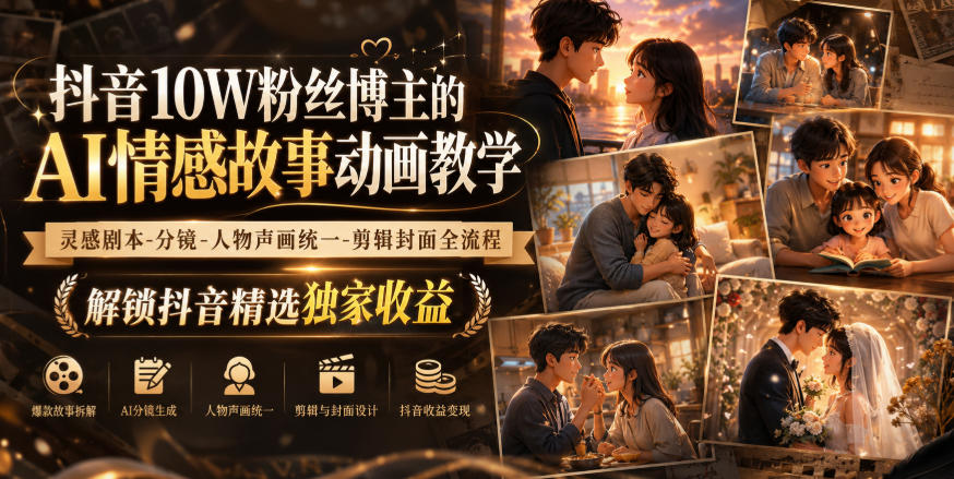 抖音10W粉丝博主的AI情感故事动画教学，灵感剧本‑分镜‑人物声画统一‑剪辑封面全流程，解锁抖音精选独家收益——生财有道创业项目网-生财有道