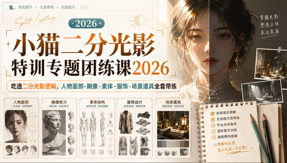 小猫二分光影特训专题团练课2026|吃透二分光影逻辑,人物面部‑胸像‑素体‑服饰‑场景道具全套带练,高清画质附赠课件与笔刷——生财有道创业项目网-生财有道