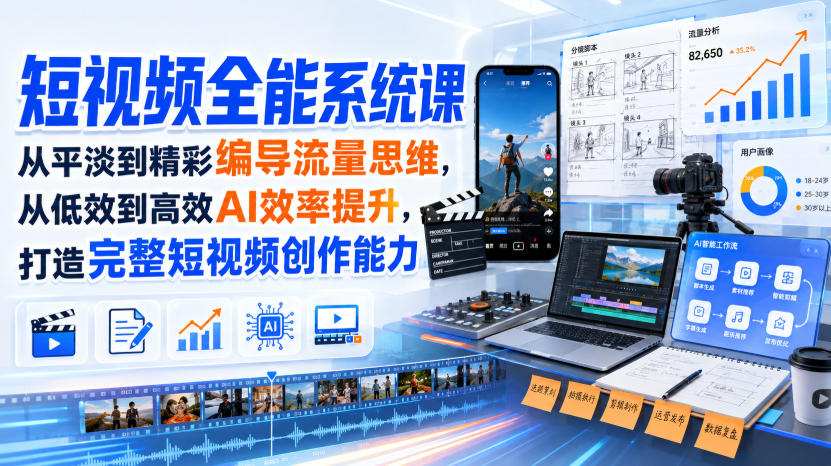 短视频全能系统课，从平淡到精彩编导流量思维，从低效到高效AI效率提升，打造完整短视频创作能力（2026年8月30更新233集）——生财有道创业项目网-生财有道