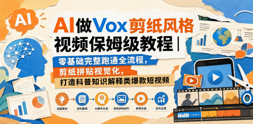 AI做Vox剪纸风格视频保姆级教程｜零基础完整跑通全流程，剪纸拼贴视觉化，打造科普知识解释类爆款短视频——生财有道创业项目网-生财有道
