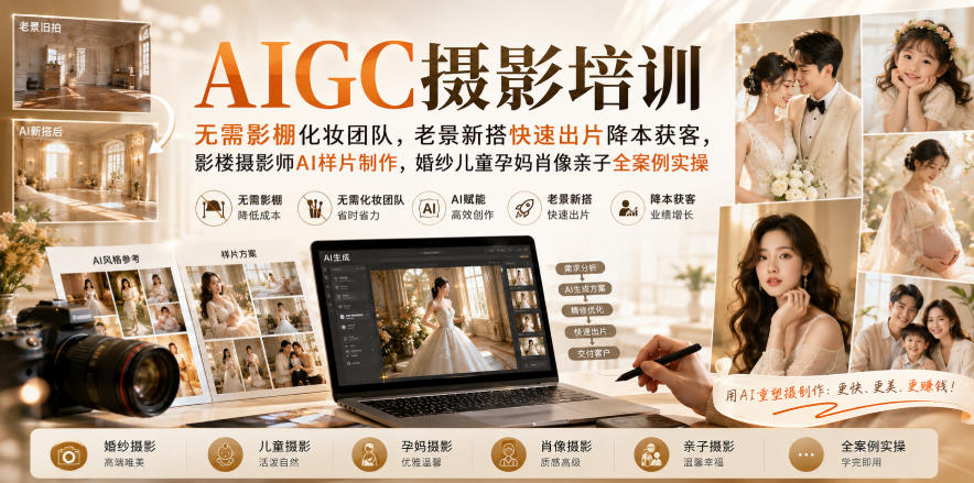 AIGC摄影培训｜无需影棚化妆团队，老景新搭快速出片降本获客，影楼摄影师AI样片制作，婚纱儿童孕妈肖像亲子全案例实操——生财有道创业项目网-生财有道