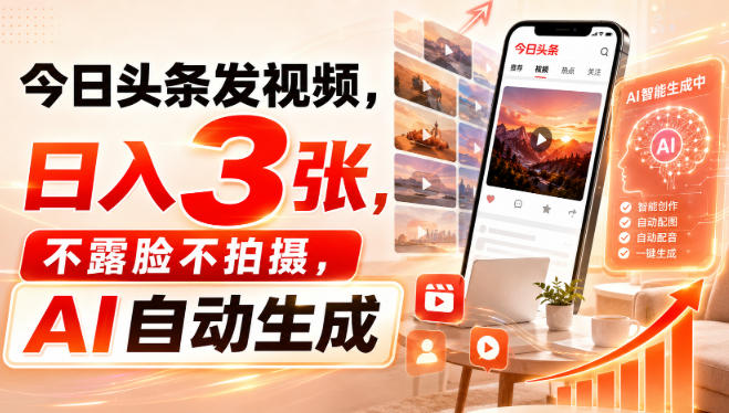 今日头条发视频，日入3张，不露脸不拍摄，AI自动生成——生财有道创业项目网-生财有道