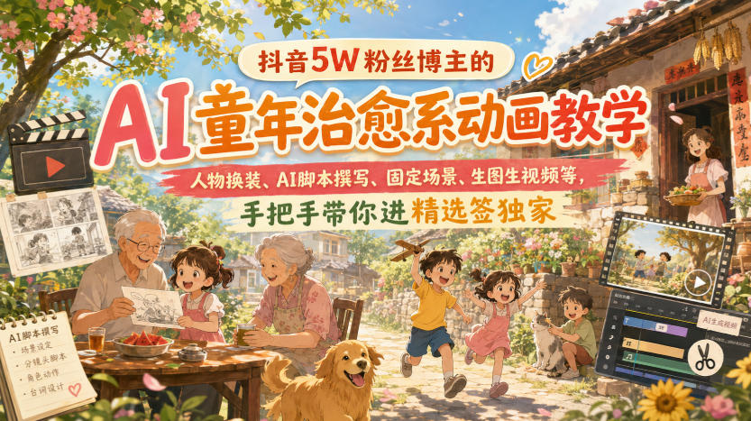 抖音5W粉丝博主的AI童年治愈系动画教学，人物换装、AI脚本撰写、固定场景、生图生视频等，手把手带你进精选签独家——生财有道创业项目网-生财有道