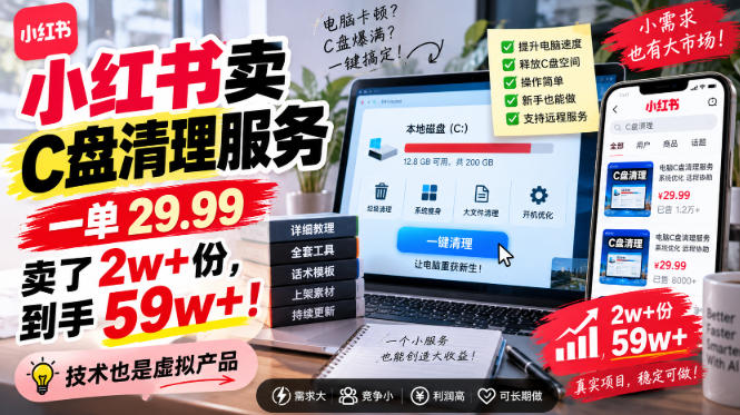 小红书卖C盘清理服务，一单29.99，卖了2w+份，技术也是虚拟产品——生财有道创业项目网-生财有道