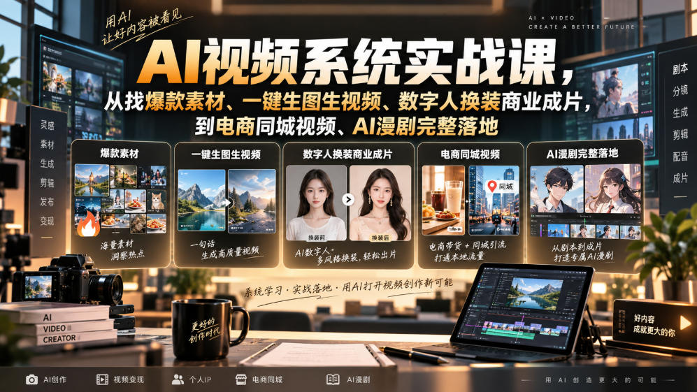 AI视频系统实战课，从找爆款素材、一键生图生视频、数字人换装商业成片，到电商同城视频、AI漫剧完整落地——生财有道创业项目网-生财有道