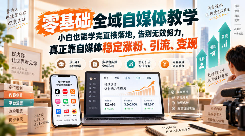 零基础全域自媒体教学，小白也能学完直接落地，告别无效努力，真正靠自媒体稳定涨粉、引流、变现——生财有道创业项目网-生财有道
