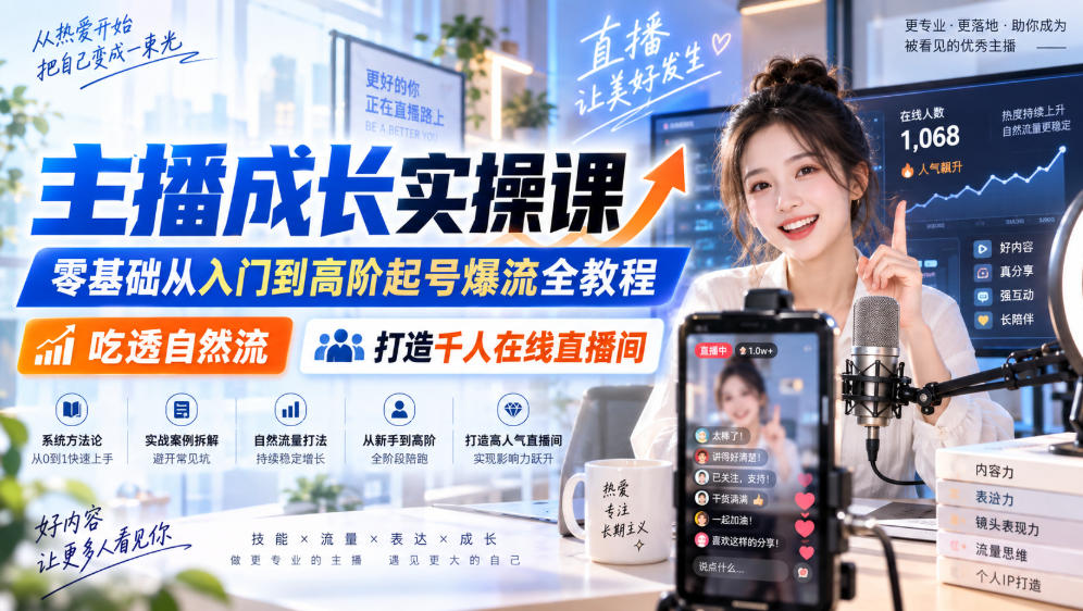 主播成长实操课｜零基础从入门到高阶起号爆流全教程，吃透自然流，打造千人在线直播间——生财有道创业项目网-生财有道