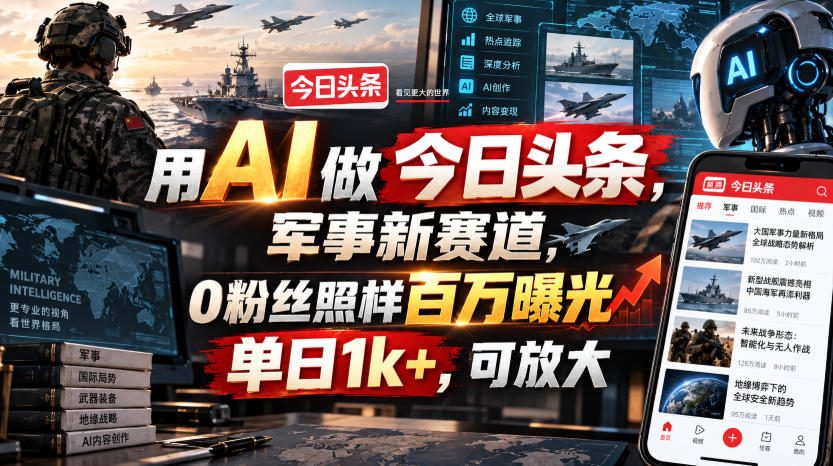 用AI做今日头条，军事新赛道，0粉丝照样百万曝光，单日1k+，可放大——生财有道创业项目网-生财有道