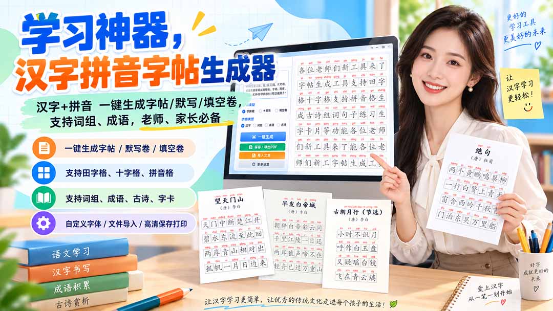 图片[2]-（20299期）学习神器，汉字拼音字帖生成器，汉字+拼音 一键生成字帖/默写/填空卷，支持词组、成语，老师、家长必备_生财有道创业项目网-生财有道
