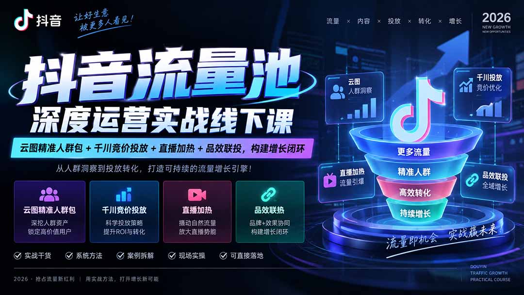 (20598期)抖音流量池深度运营实战线下课|云图精准人群包+千川竞价投放+直播加热+品效联投,构建增长闭环_生财有道创业项目网-生财有道
