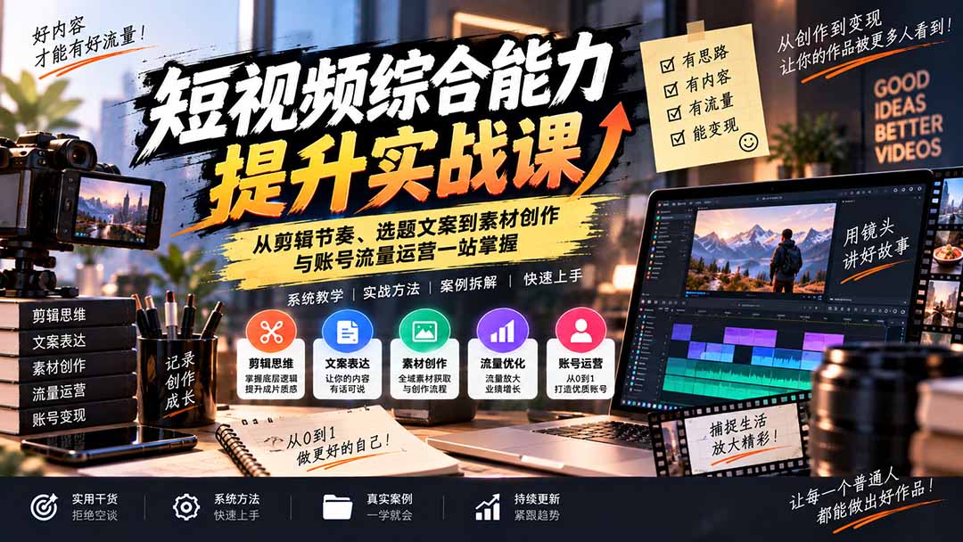 图片[1]-（20599期）短视频综合能力提升实战课：从剪辑节奏、选题文案到素材创作与账号流量运营一站掌握_生财有道创业项目网-生财有道