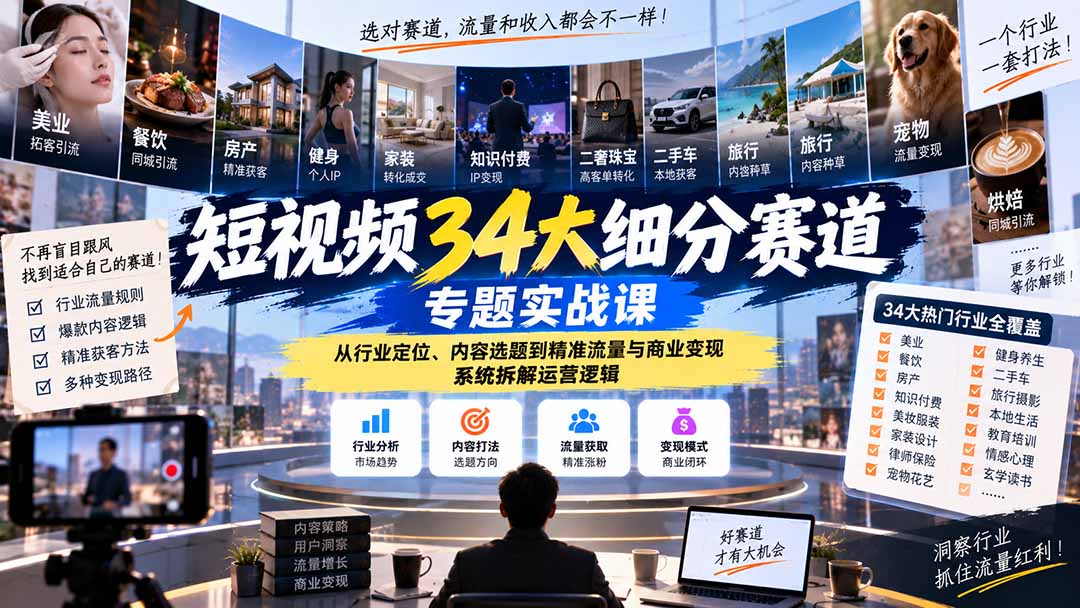 图片[2]-（20600期）短视频34大细分赛道专题实战课：从行业定位、内容选题到精准流量与商业变现，系统拆解运营逻辑_生财有道创业项目网-生财有道