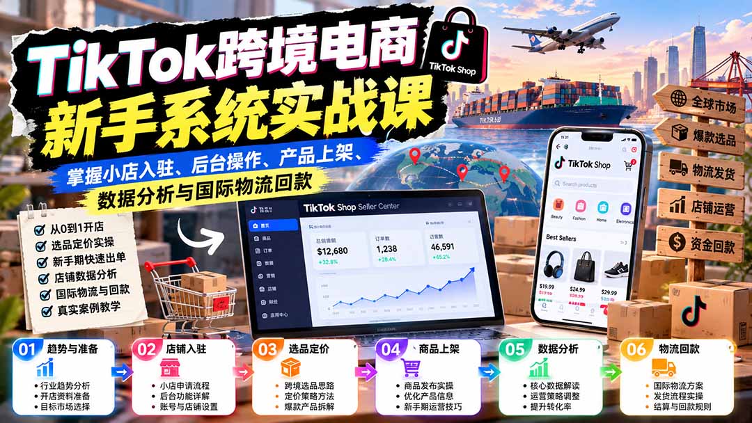 （20672期）TikTok跨境电商新手系统实战课：掌握小店入驻、后台操作、产品上架、数据分析与国际物流回款_生财有道创业项目网-生财有道