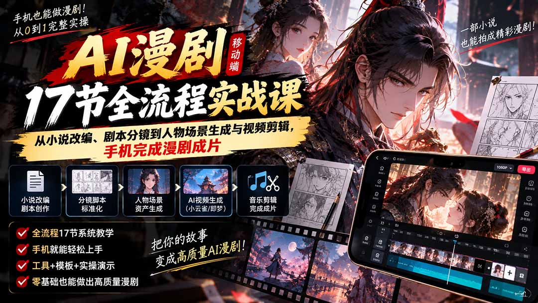 图片[2]-（20624期）AI漫剧移动端17节全流程实战课：从小说改编、剧本分镜到人物场景生成与视频剪辑，手机完成漫剧成片_生财有道创业项目网-生财有道