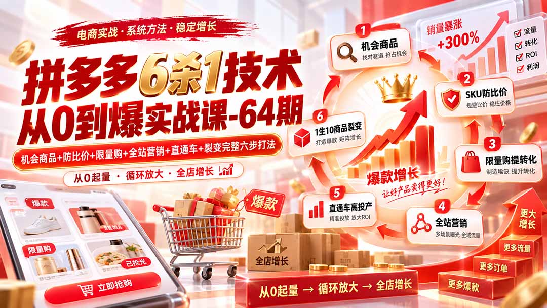 （20316期）拼多多6杀1技术从0到爆实战课-64期：机会商品+防比价+限量购+全站营销+直通车+裂变完整六步打法_生财有道创业项目网-生财有道