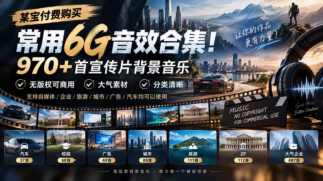 （20603期）某宝付费购买，常用6G音效合集！970+首宣传片背景音乐，无版权可商用大气素材，分类清晰_生财有道创业项目网-生财有道