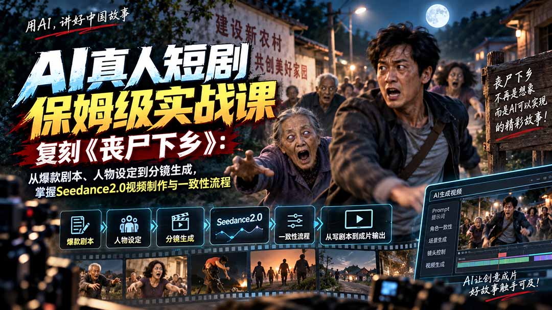（20360期）AI真人短剧保姆级实战课，复刻《丧尸下乡》：从爆款剧本、人物设定到分镜生成，掌握Seedance2.0视频制作与一致性流程_生财有道创业项目网-生财有道