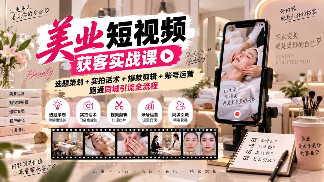 (20586期)美业短视频获客实战课-无水印:选题策划+实拍话术+爆款剪辑+账号运营,跑通同城引流全流程_生财有道创业项目网-生财有道
