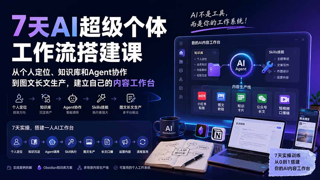 （20190期）7天AI超级个体工作流搭建课：从个人定位、知识库和Agent协作到图文长文生产，建立自己的内容工作台_生财有道创业项目网-生财有道