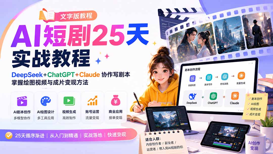 图片[2]-（20225期）AI短剧25天实战教程（文字版教程）：DeepSeek+ChatGPT+Claude协作写剧本，掌握绘图视频与成片变现方法_生财有道创业项目网-生财有道