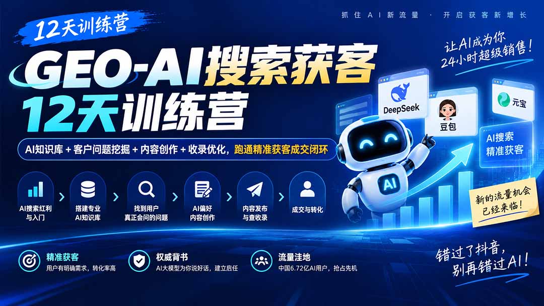 图片[2]-（20544期）GEO-AI搜索获客12天训练营｜AI知识库+客户问题挖掘+内容创作+收录优化，跑通精准获客成交闭环_生财有道创业项目网-生财有道