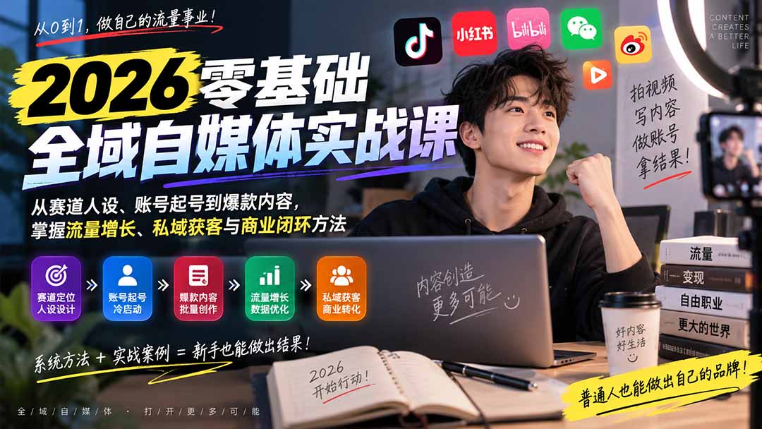 图片[1]-（20264期）2026零基础全域自媒体实战课：从赛道人设、账号起号到爆款内容，掌握流量增长、私域获客与商业闭环方法_生财有道创业项目网-生财有道