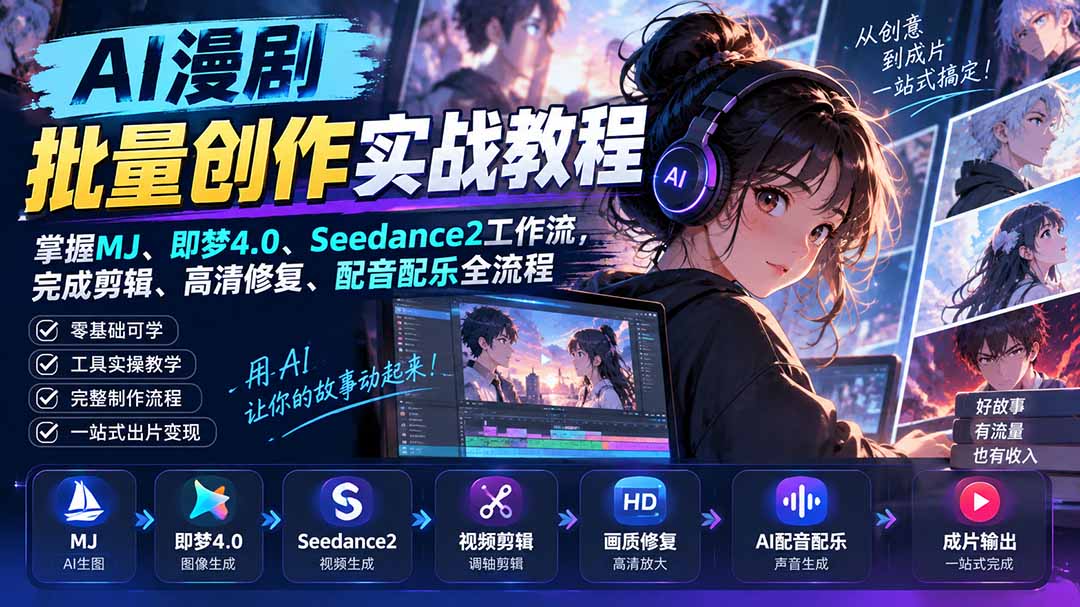 (20488期)AI漫剧批量创作实战教程:掌握MJ、即梦4.0、Seedance2工作流,完成剪辑、高清修复、配音配乐全流程_生财有道创业项目网-生财有道