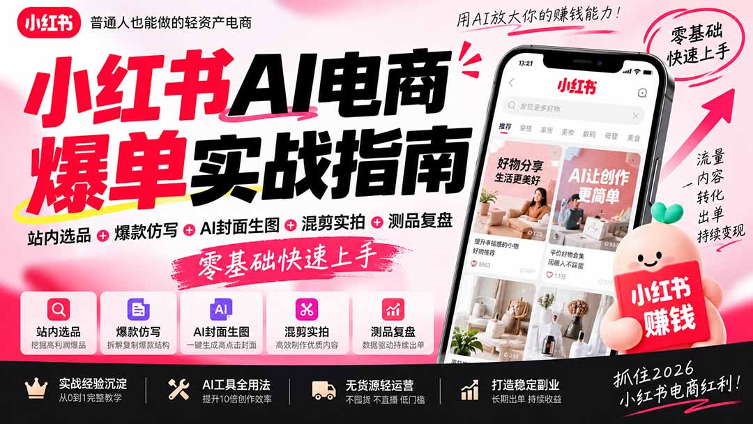 图片[2]-（20516期）2026小红书AI电商爆单实战指南：站内选品+爆款仿写+AI封面生图+混剪实拍+测品复盘，零基础快速上手_生财有道创业项目网-生财有道
