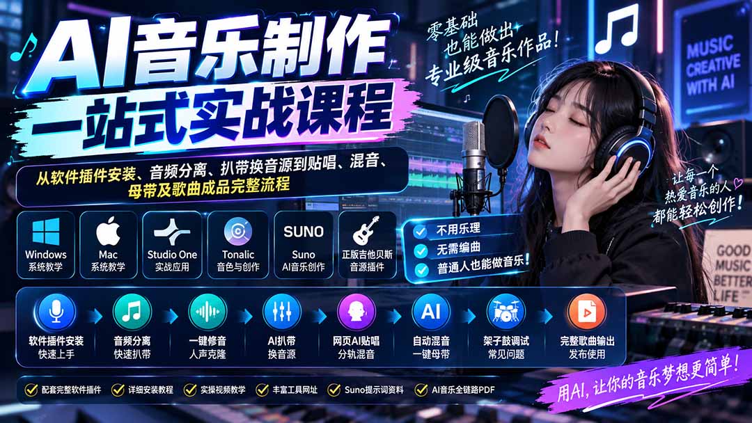 （20490期）AI音乐制作一站式实战课程：从软件插件安装、音频分离、扒带换音源到贴唱、混音、母带及歌曲成品完整流程_生财有道创业项目网-生财有道