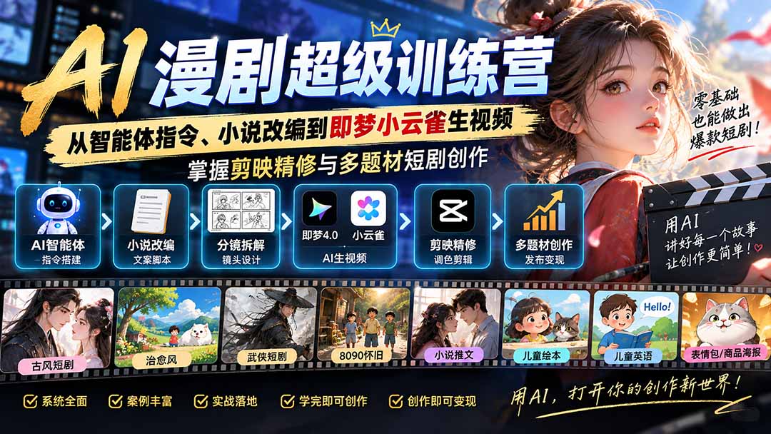 （20491期）AI漫剧超级特训营：从智能体指令、小说改编到即梦小云雀生视频，掌握剪映精修与多题材短剧创作_生财有道创业项目网-生财有道