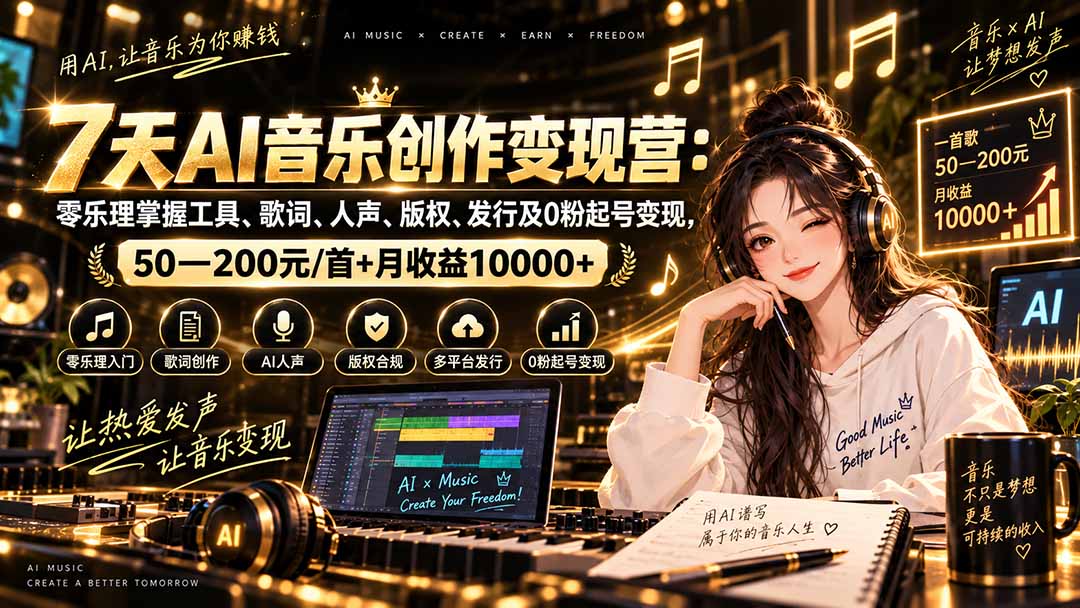 (20442期)AI音乐创作变现营:零乐理掌握工具、歌词、人声、版权、发行及0粉起号变现,50—200元/首+月收益10000+_生财有道创业项目网-生财有道