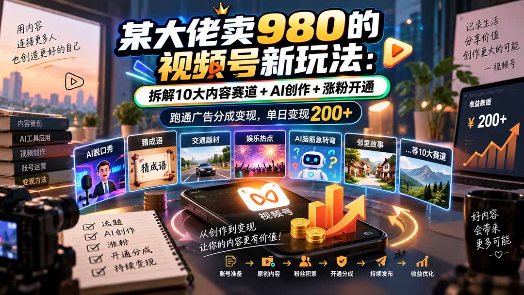 （20573期）某大佬卖980的视频号新玩法：拆解10大内容赛道+AI创作+涨粉开通，跑通广告分成变现，单日变现200+_生财有道创业项目网-生财有道