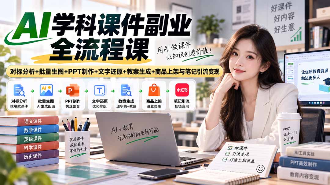 (20469期)AI学科课件副业全流程课|对标分析+批量生图+PPT制作+文字还原+教案生成+商品上架与笔记引流变现_生财有道创业项目网-生财有道