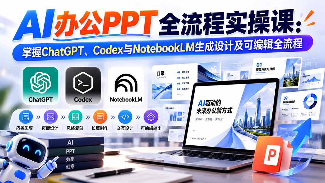 （20660期）【无水印】AI办公PPT全流程实操课： 掌握ChatGPT、Codex与NotebookLM生成设计及可编辑全流程_生财有道创业项目网-生财有道