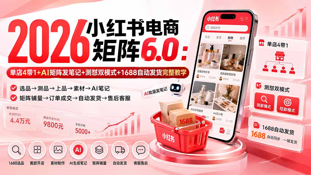 （20310期）2026小红书电商矩阵6.0：单店4带1+AI矩阵发笔记+测怼双模式+1688自动发货完整教学_生财有道创业项目网-生财有道
