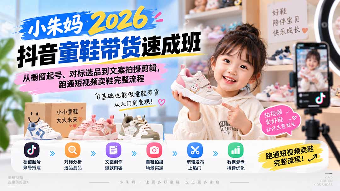 图片[1]-（20267期）小朱妈2026抖音童鞋带货速成班：从橱窗起号、对标选品到文案拍摄剪辑，跑通短视频卖鞋完整流程_生财有道创业项目网-生财有道