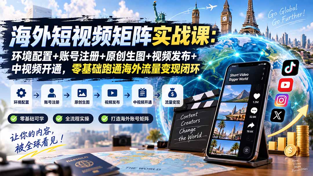 图片[1]-（20470期）海外短视频矩阵实战课：环境配置+账号注册+原创生图+视频发布+中视频开通，零基础跑通海外流量变现闭环_生财有道创业项目网-生财有道