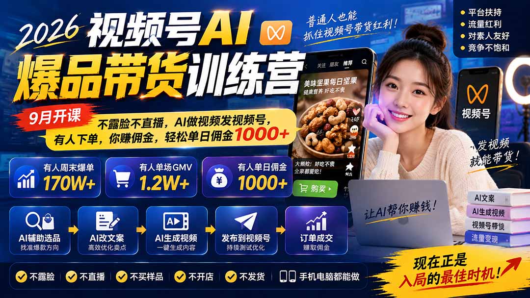 图片[2]-（20537期）2026视频号AI爆品带货训练营-9月开课｜不露脸不直播，AI做视频发视频号，有人下单，你赚佣金，轻松单日佣金1000+_生财有道创业项目网-生财有道